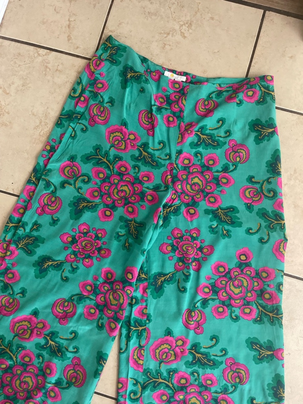 Boden Teal Wide-Leg Pants with Pink Floral Print
